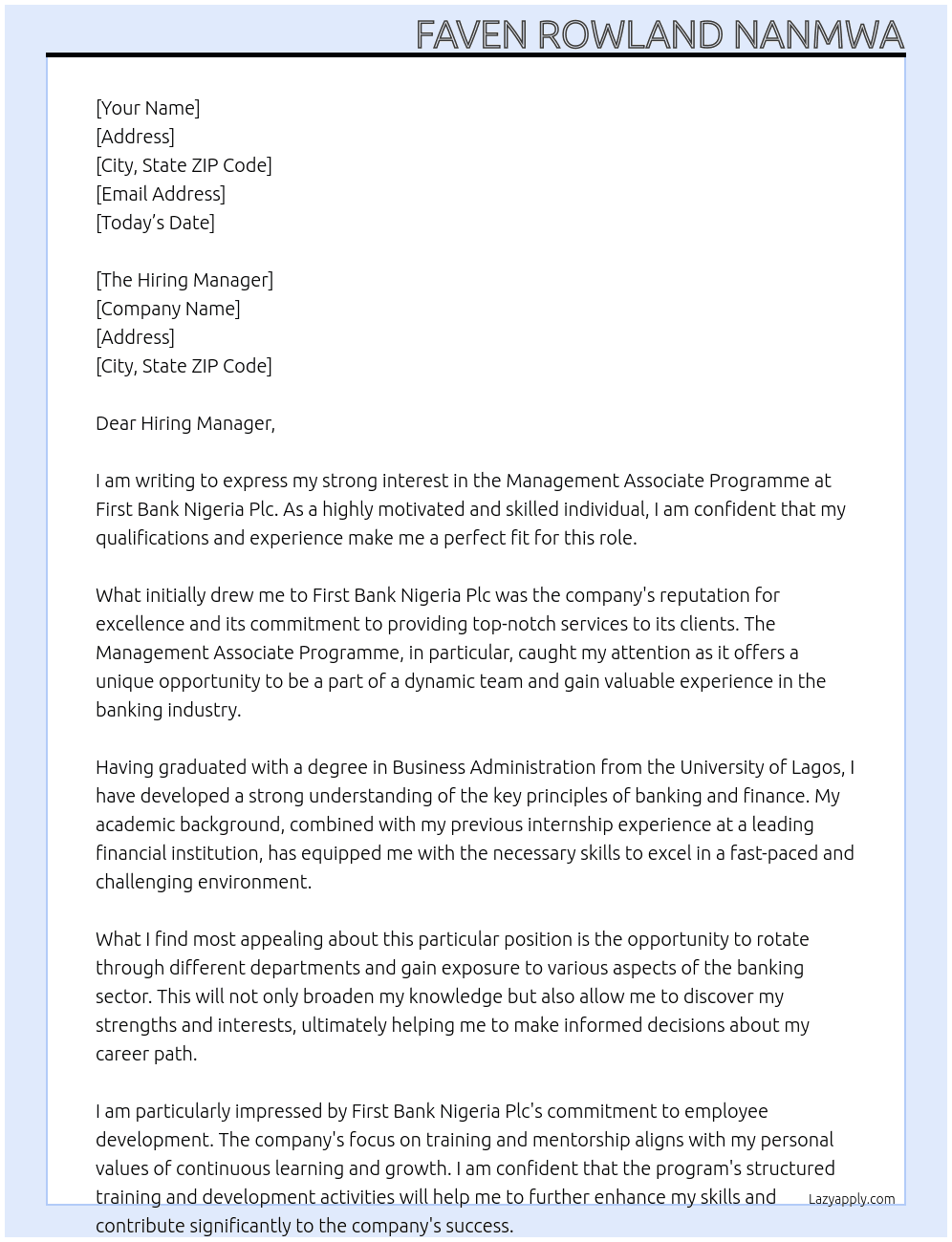 Management Associate Programme At First Bank Nigeria Plc Cover Letter