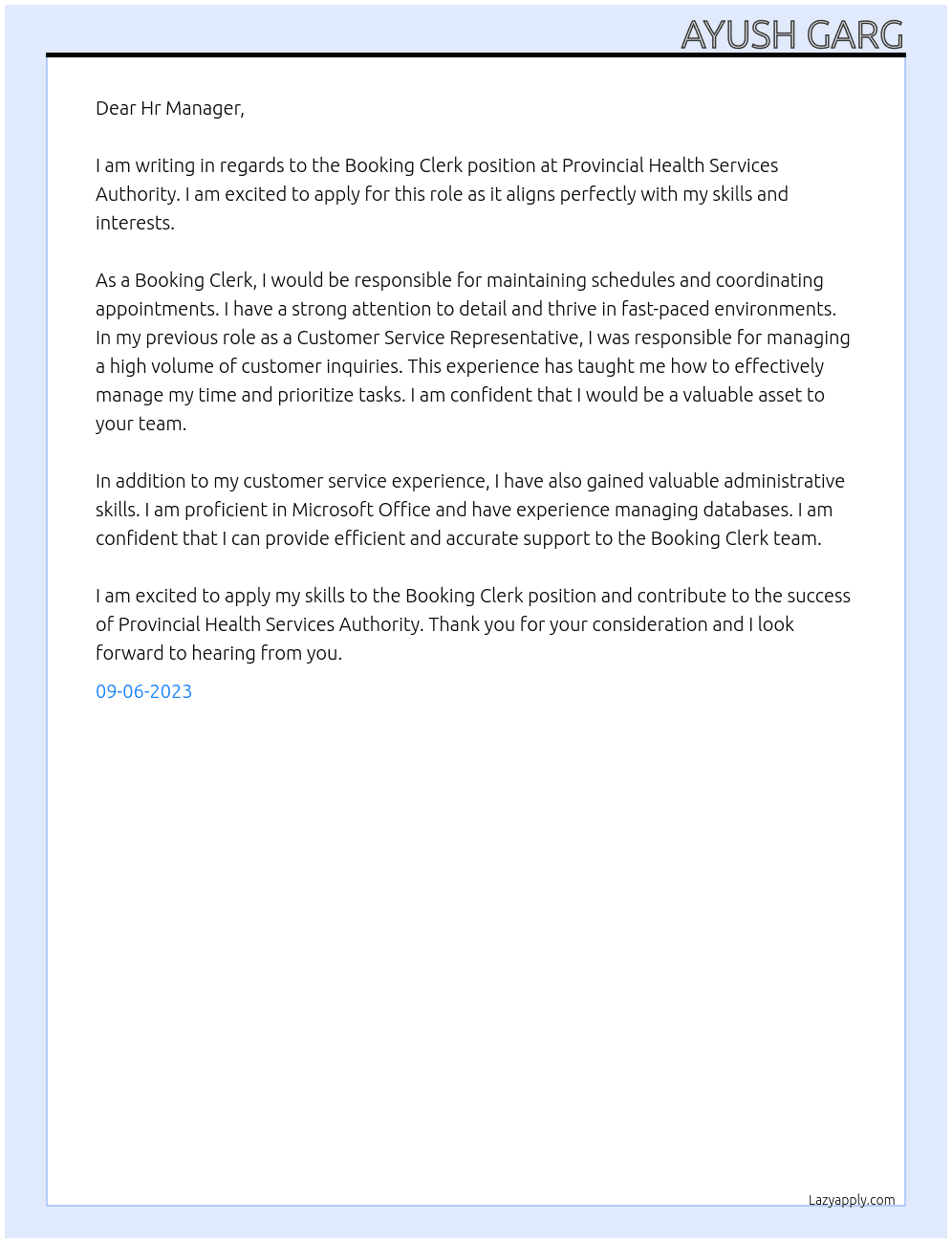 Booking Clerk At Provincial Health Services Authority Cover Letter