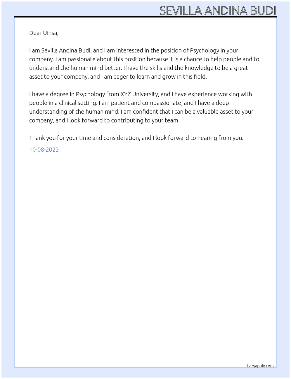 Psychology  At Internship Cover Letter