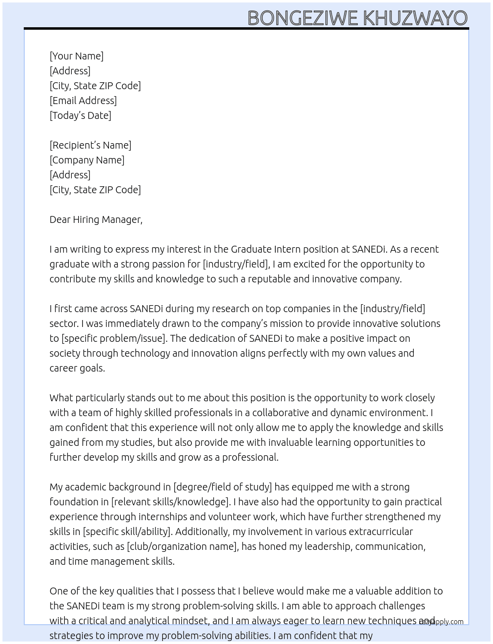 Graduate Intern At SANEDi Cover Letter
