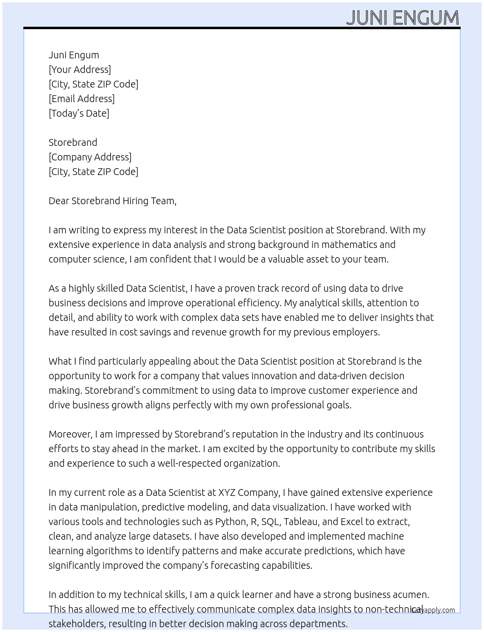 Data Scientist At Storebrand Cover Letter