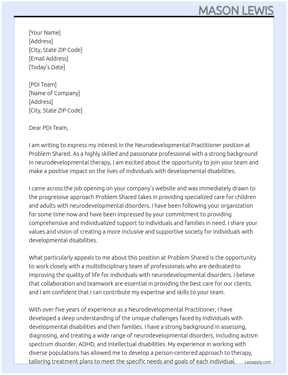 Neurodevelopmental Practitioner At Problem Shared Cover Letter