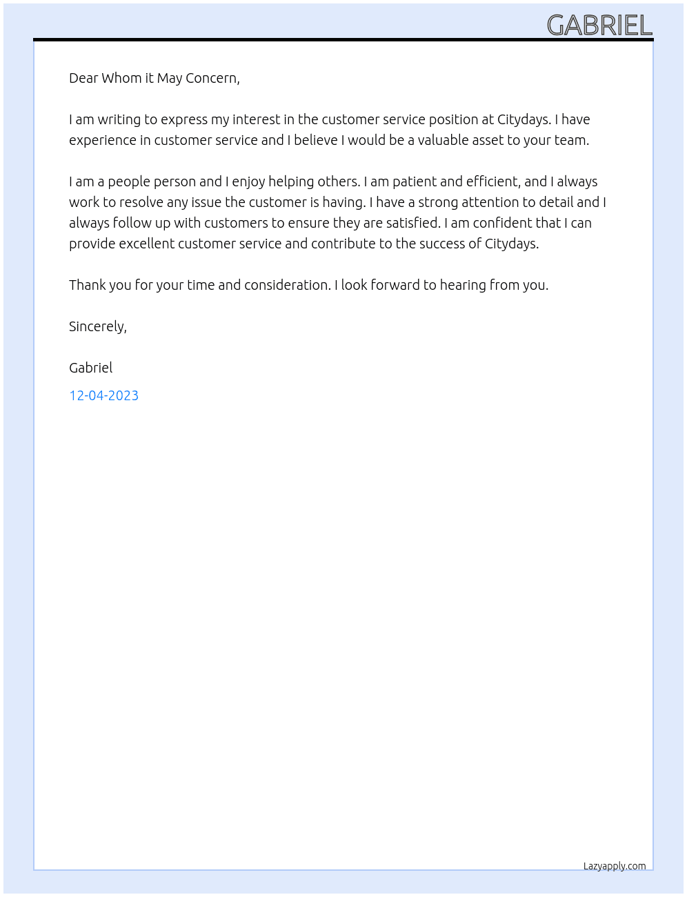 customer service At citydays Cover Letter