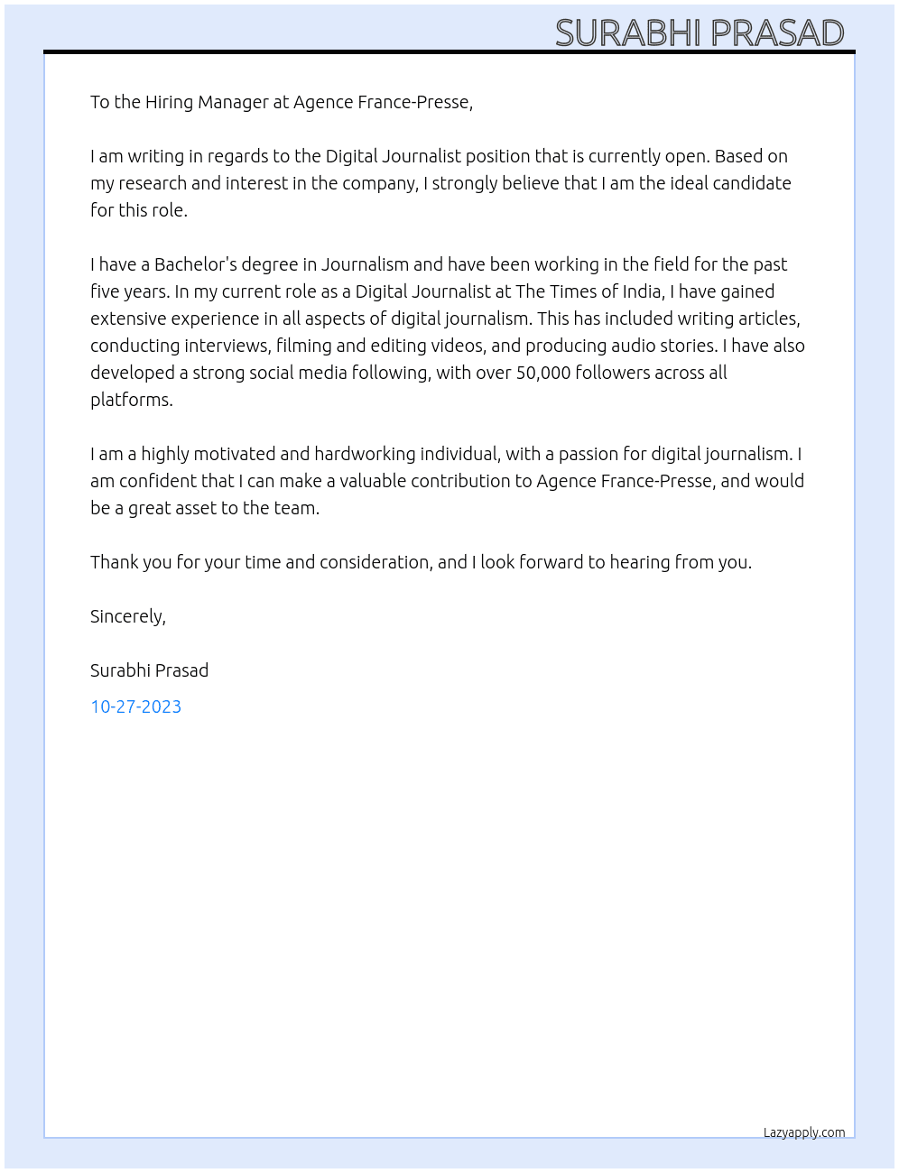 Digital Journalist  At Agence France- Presse Cover Letter