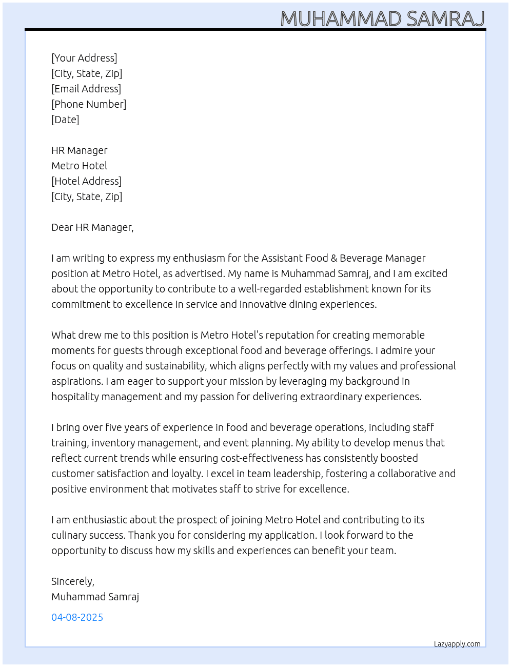 logo Assistant Food & Beverage Manager At Metro Hotel Cover Letter