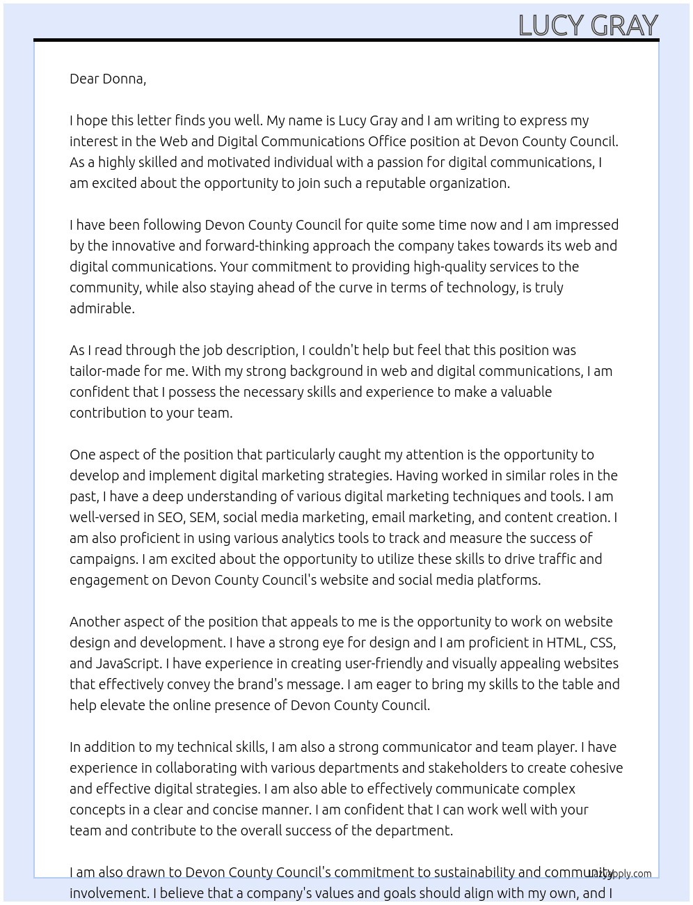 Web and Digital Communications Office At devon county council Cover Letter