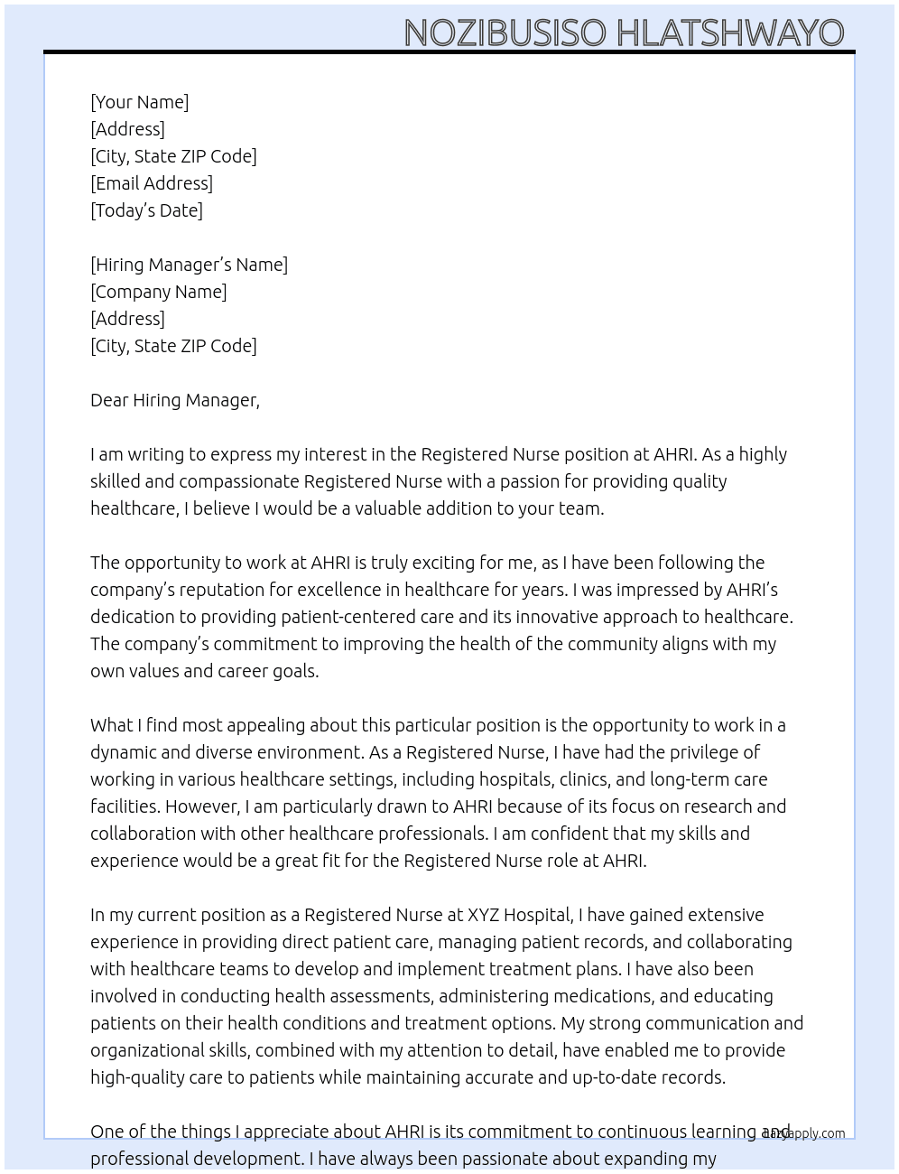 Registered Nurse  At AHRI Cover Letter