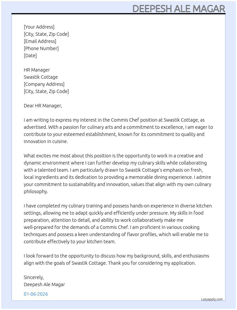 Commis Chef At Swastik Cottage Cover Letter