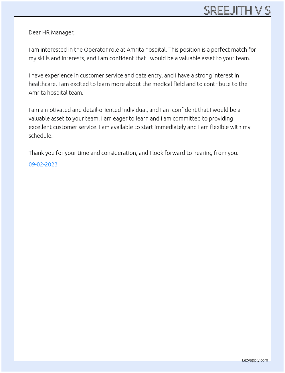 WTP/ROP At Amrita hospital Cover Letter