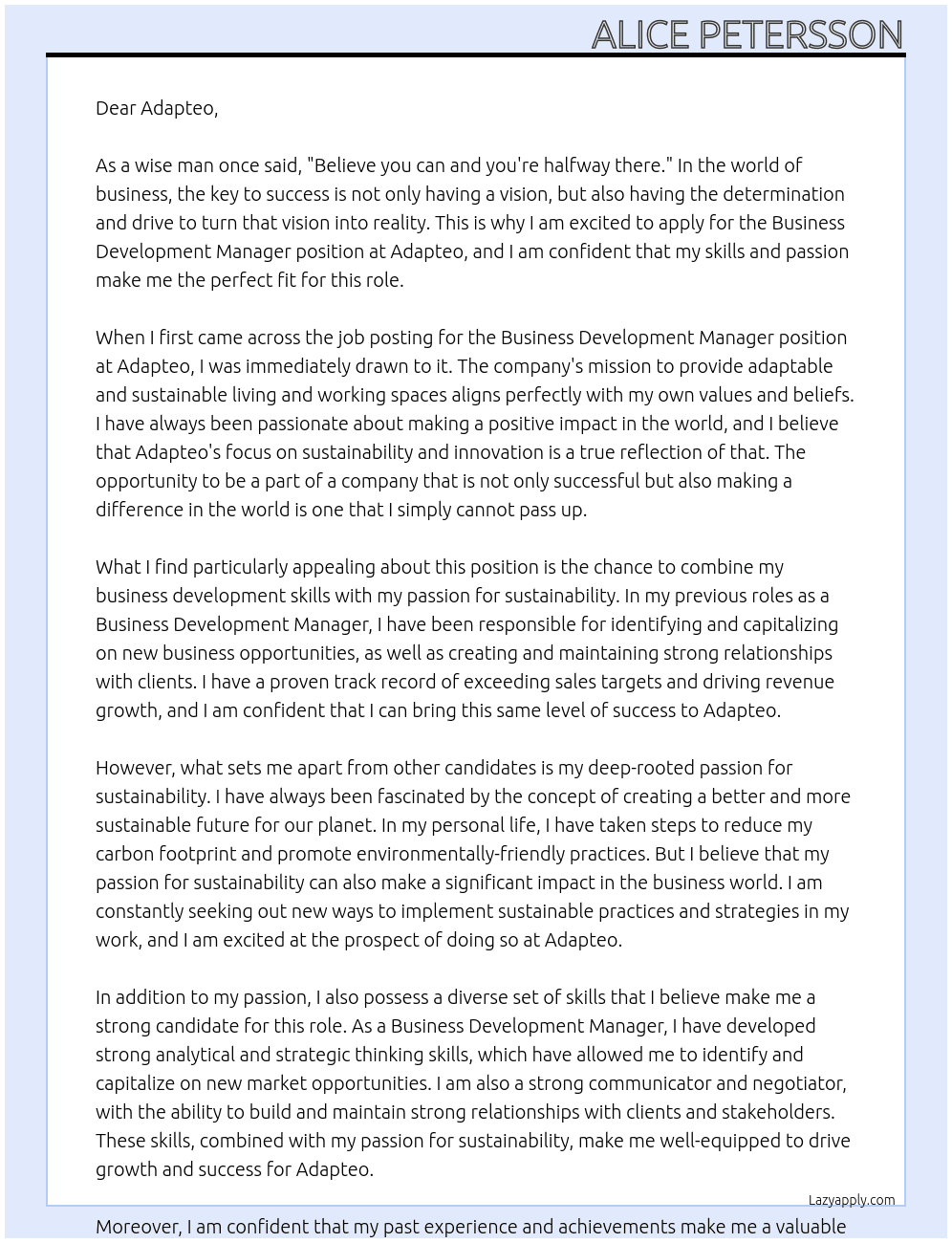 Business Development Manager At Adapteo Cover Letter
