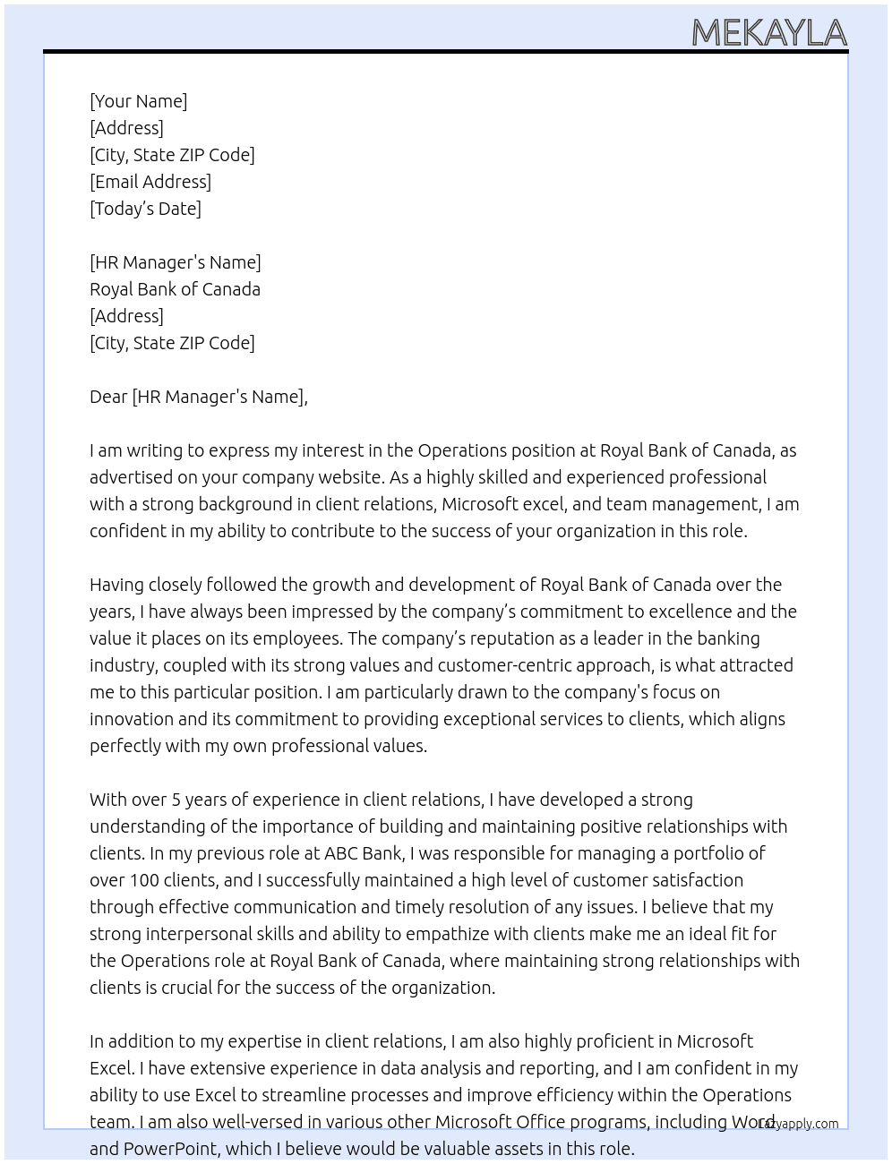 Operations At Royal Bank of Canada Cover Letter