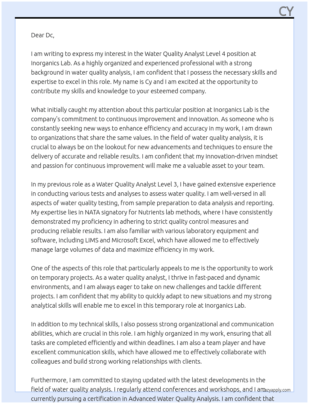 Water quality analyst level 4 At Inorganics lab Cover Letter
