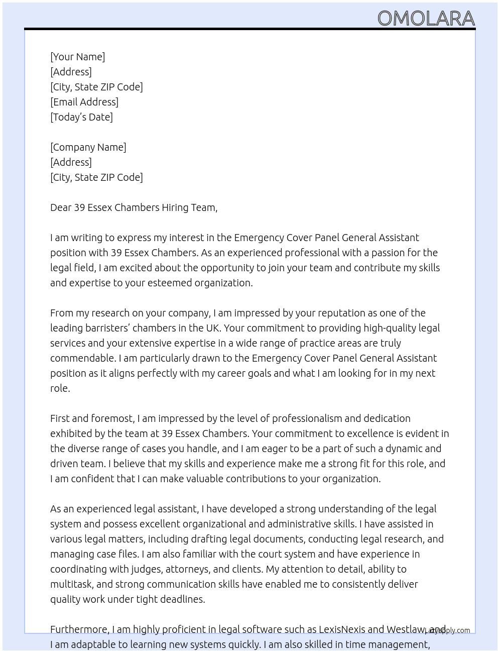 Emergency cover panel general assistant At 39 Essex Chambers Cover Letter