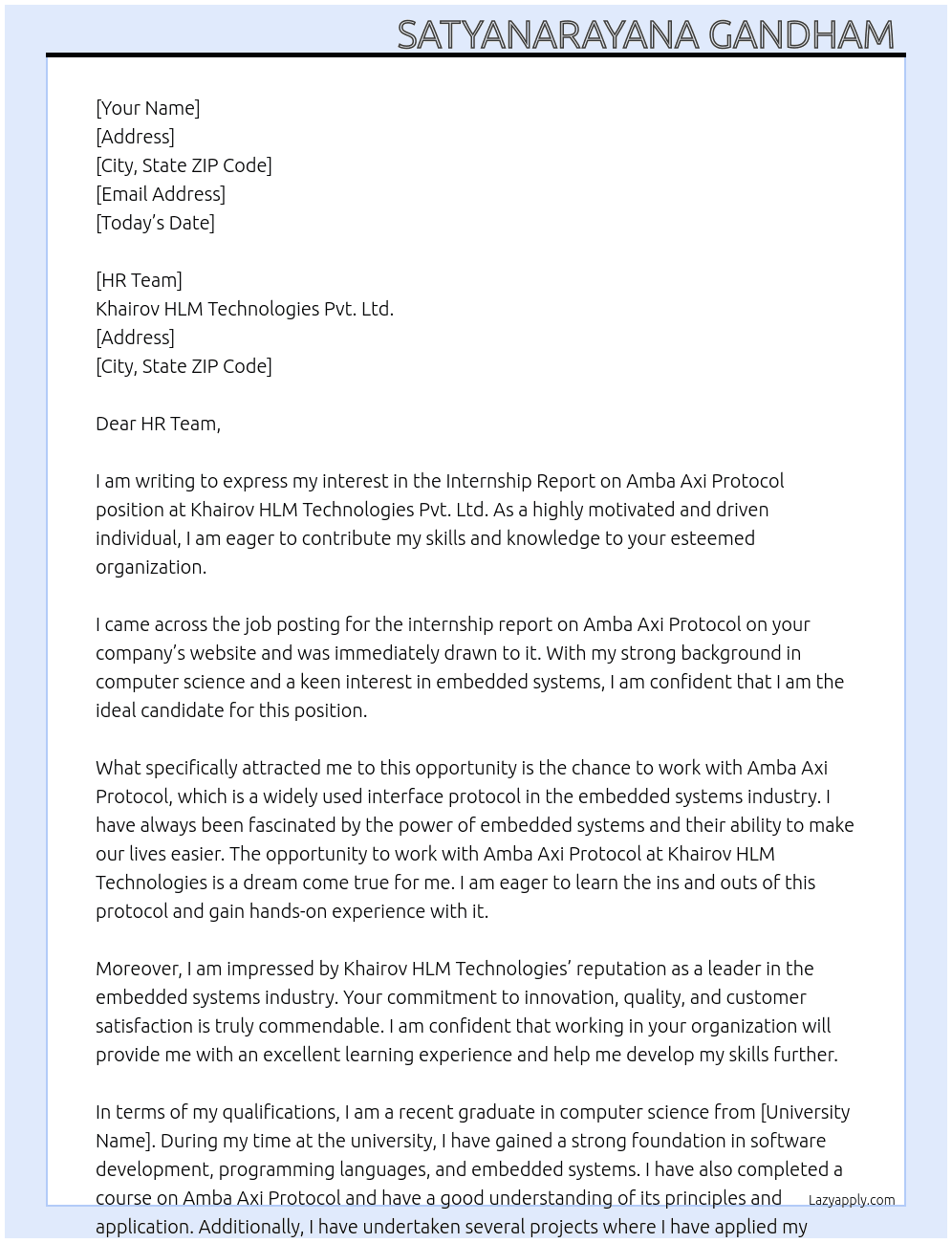 Internship report on amba axi protocal  At Khairov HLM Technologies pvt.ltd. Cover Letter