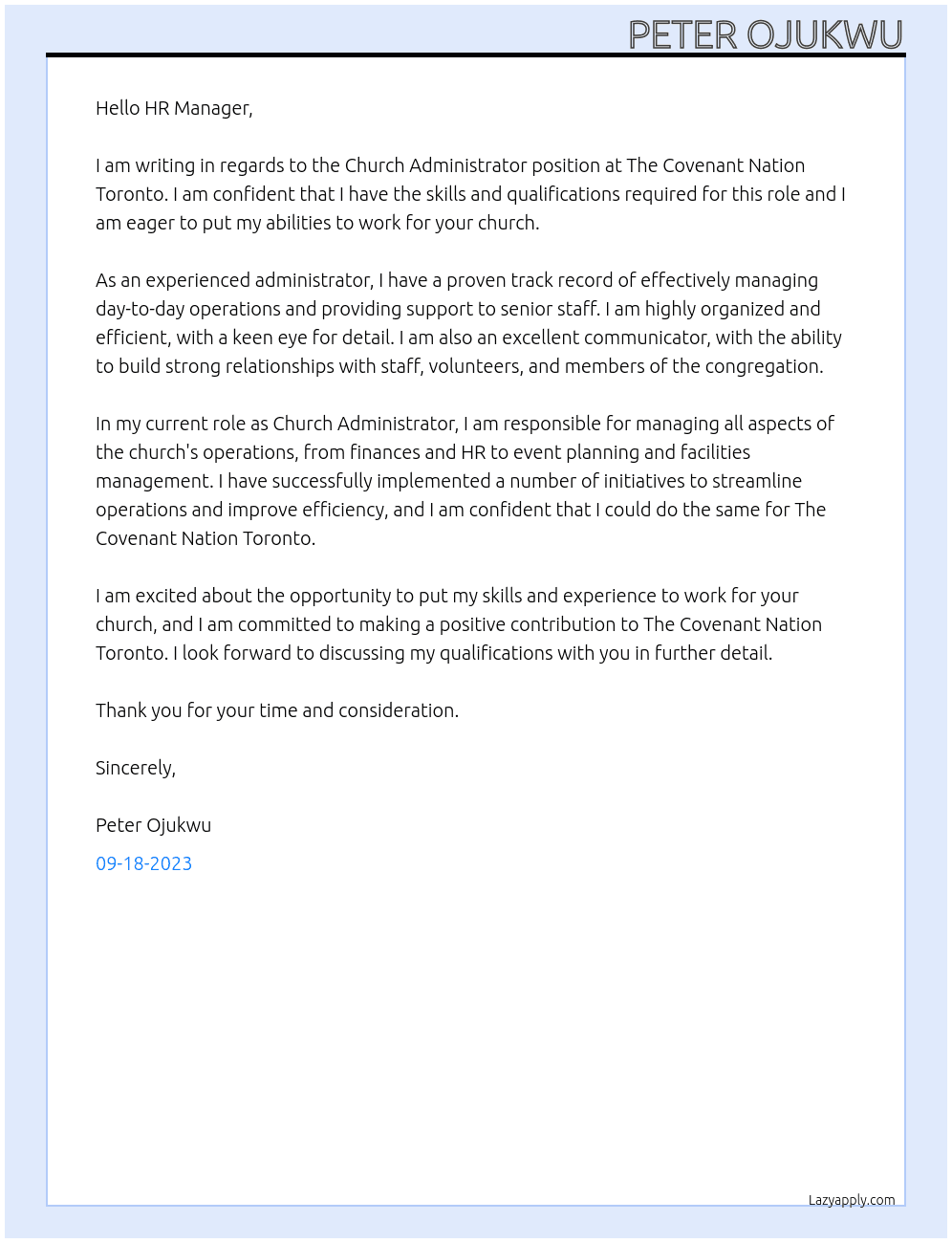 Church Administrator  At The Covenant Nation Toronto Cover Letter