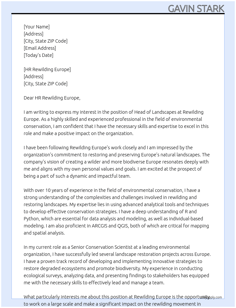 Head of Landscapes At Rewilding Europe Cover Letter