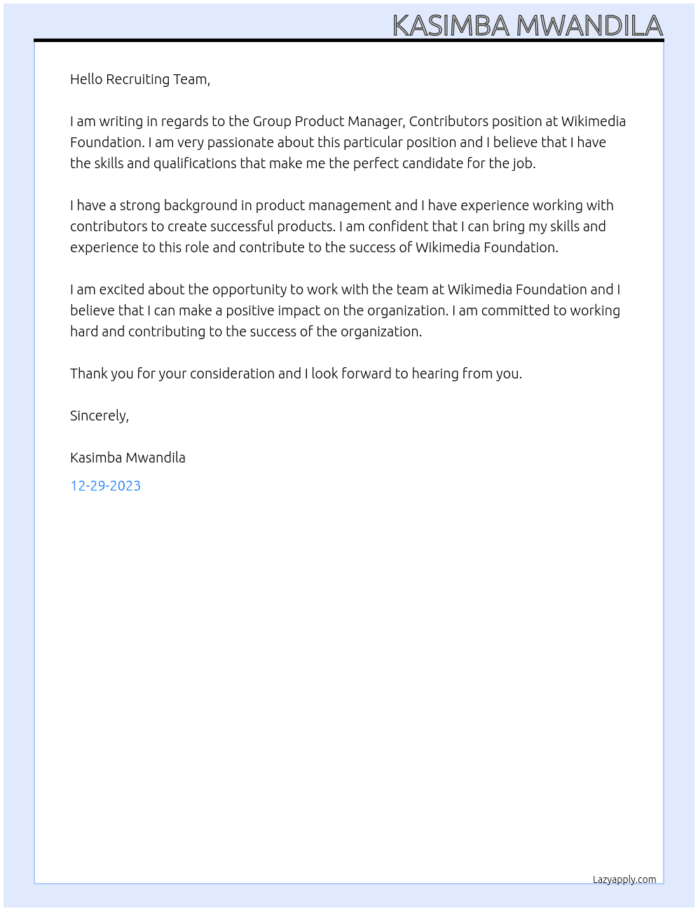 Group Product Manager, Contributors At Wikimedia Foundation Cover Letter