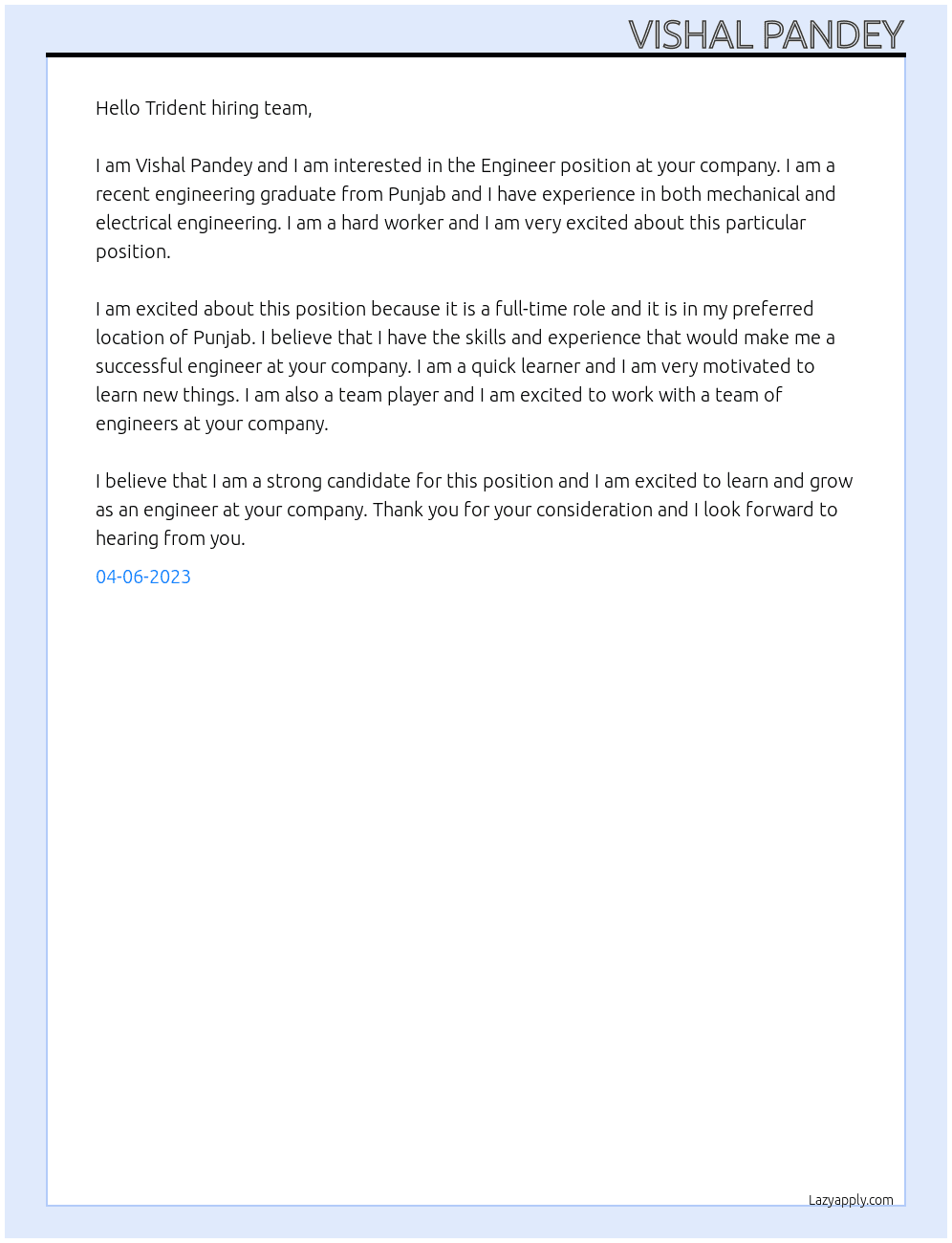 Engineer  At Vishal Pandey Cover Letter