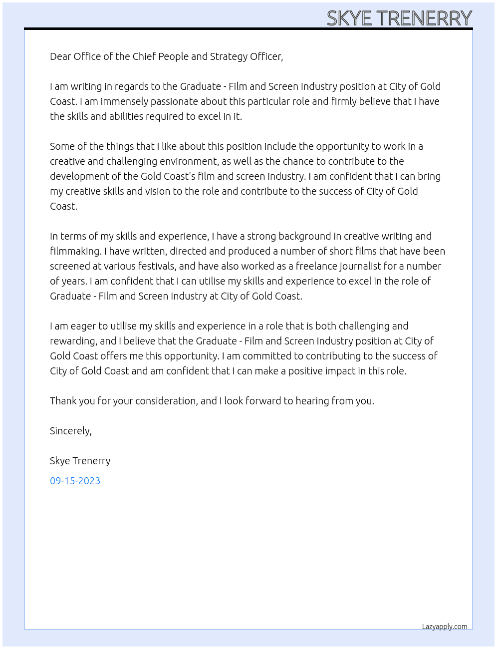 Graduate - Film and Screen Industry At City of Gold Coast  Cover Letter
