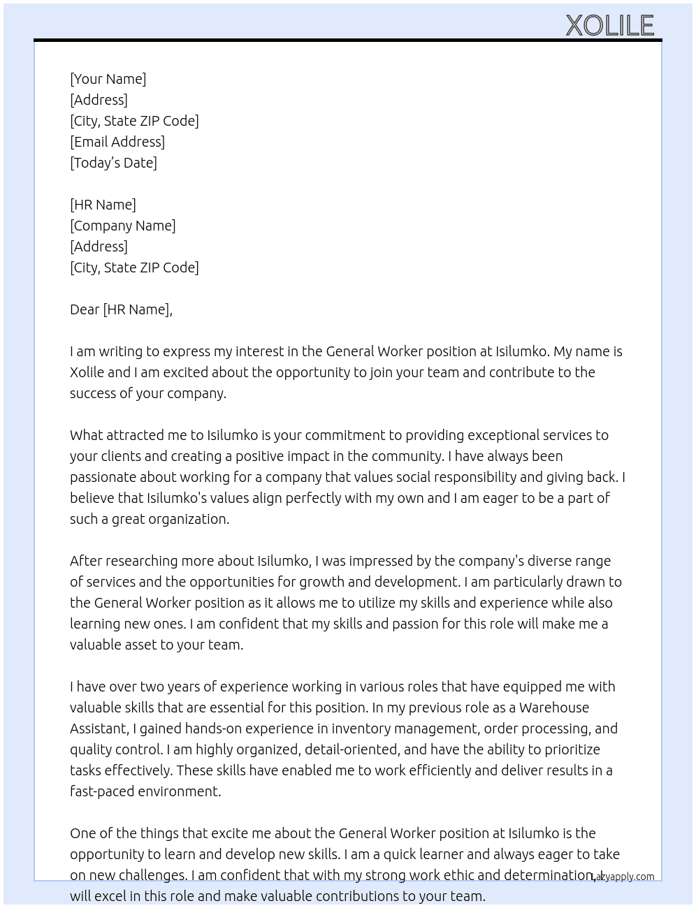 General worker At Isilumko Cover Letter