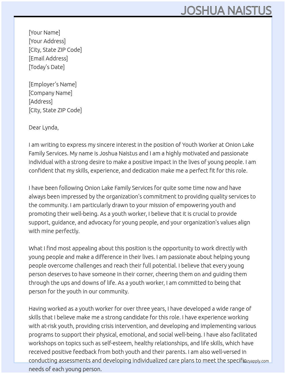 youth worker At Onion Lake Family Services Cover Letter