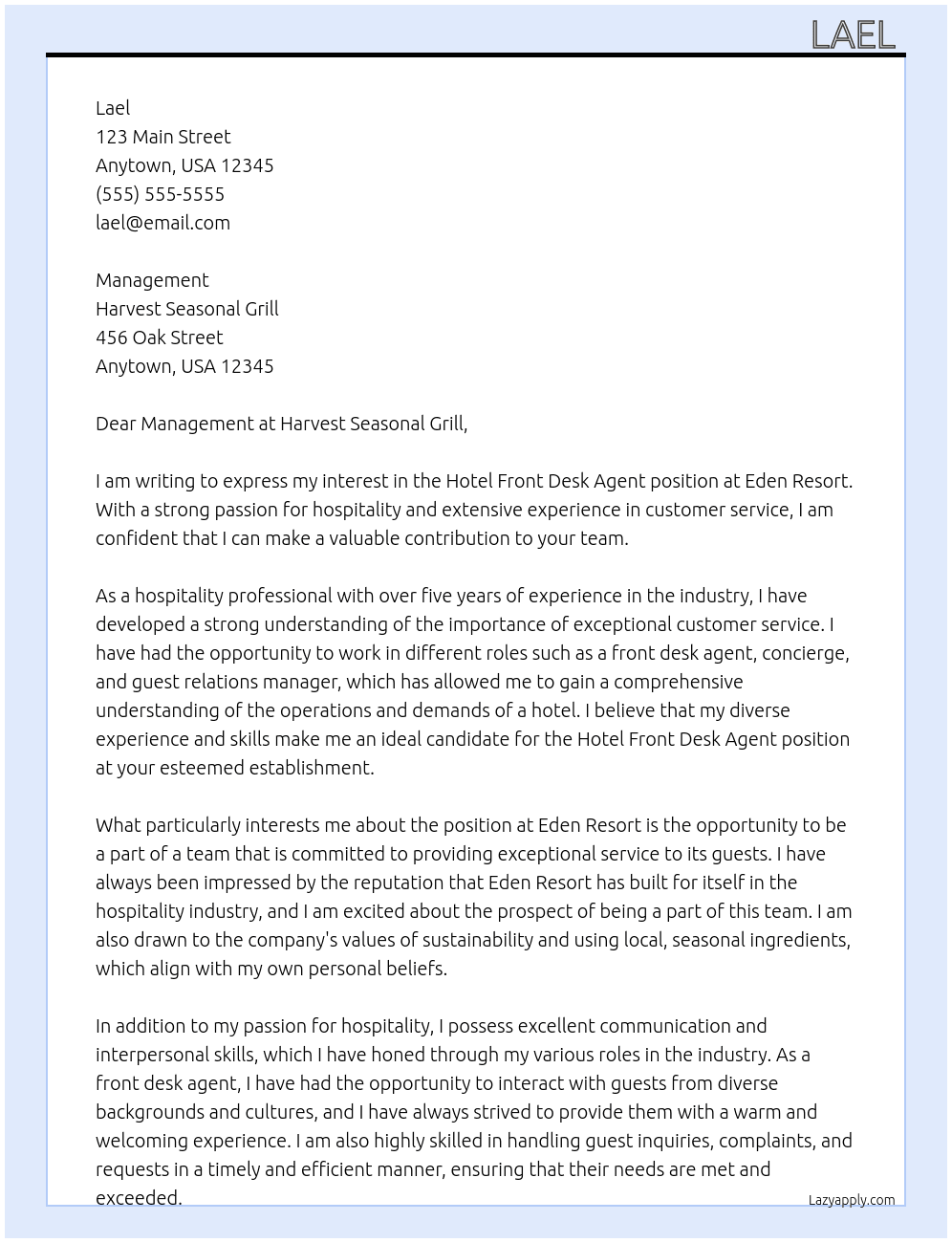 Hotel front desk agent At Eden resort Cover Letter