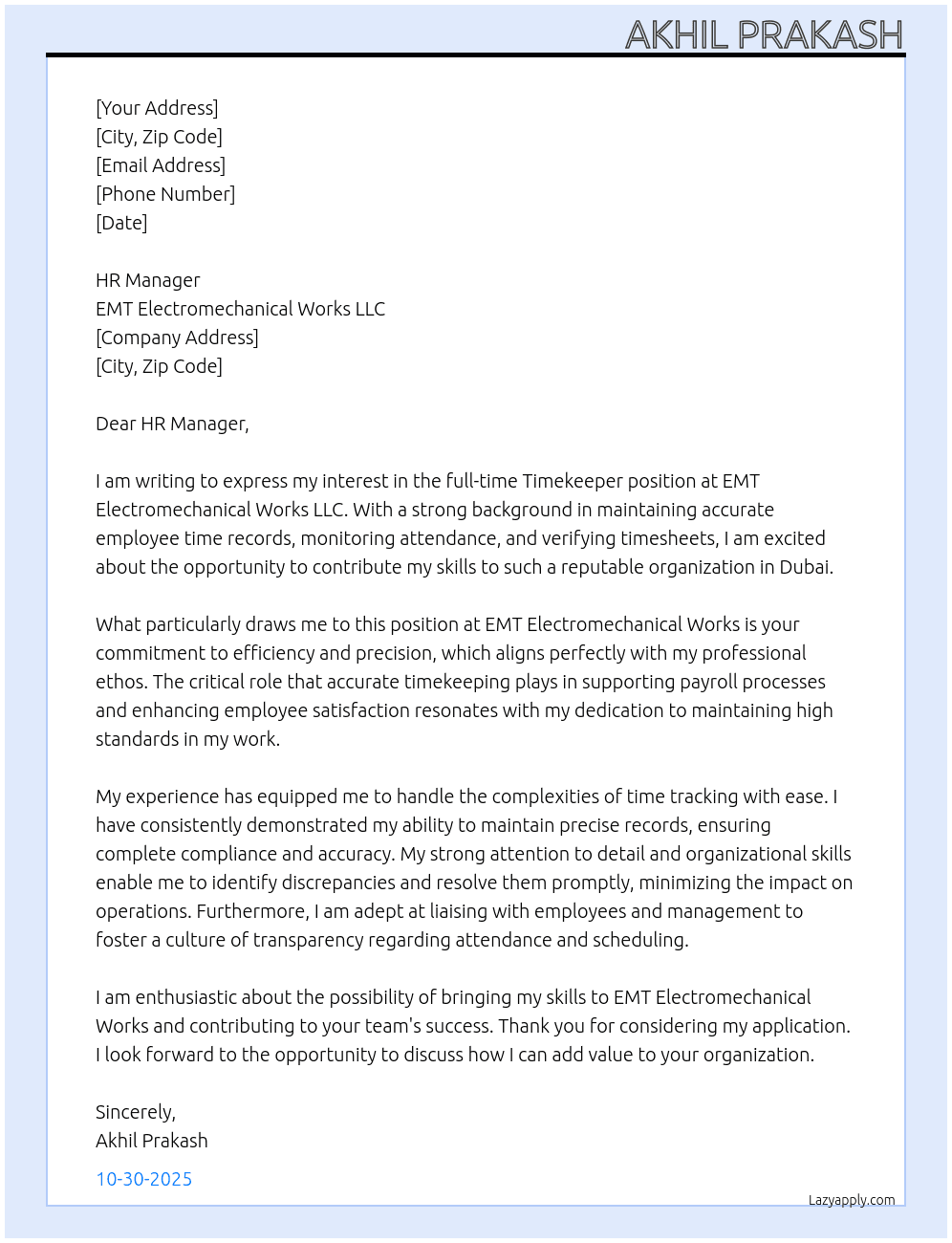Timekeeper  At EMT Electromechanical Works LLC Cover Letter