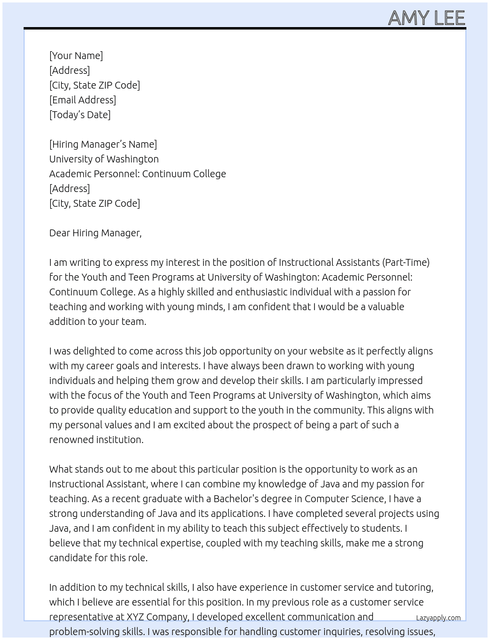 Instructional Assistants (Part-Time), Youth and Teen Programs At University of Washington: Academic Personnel: Continuum College Cover Letter