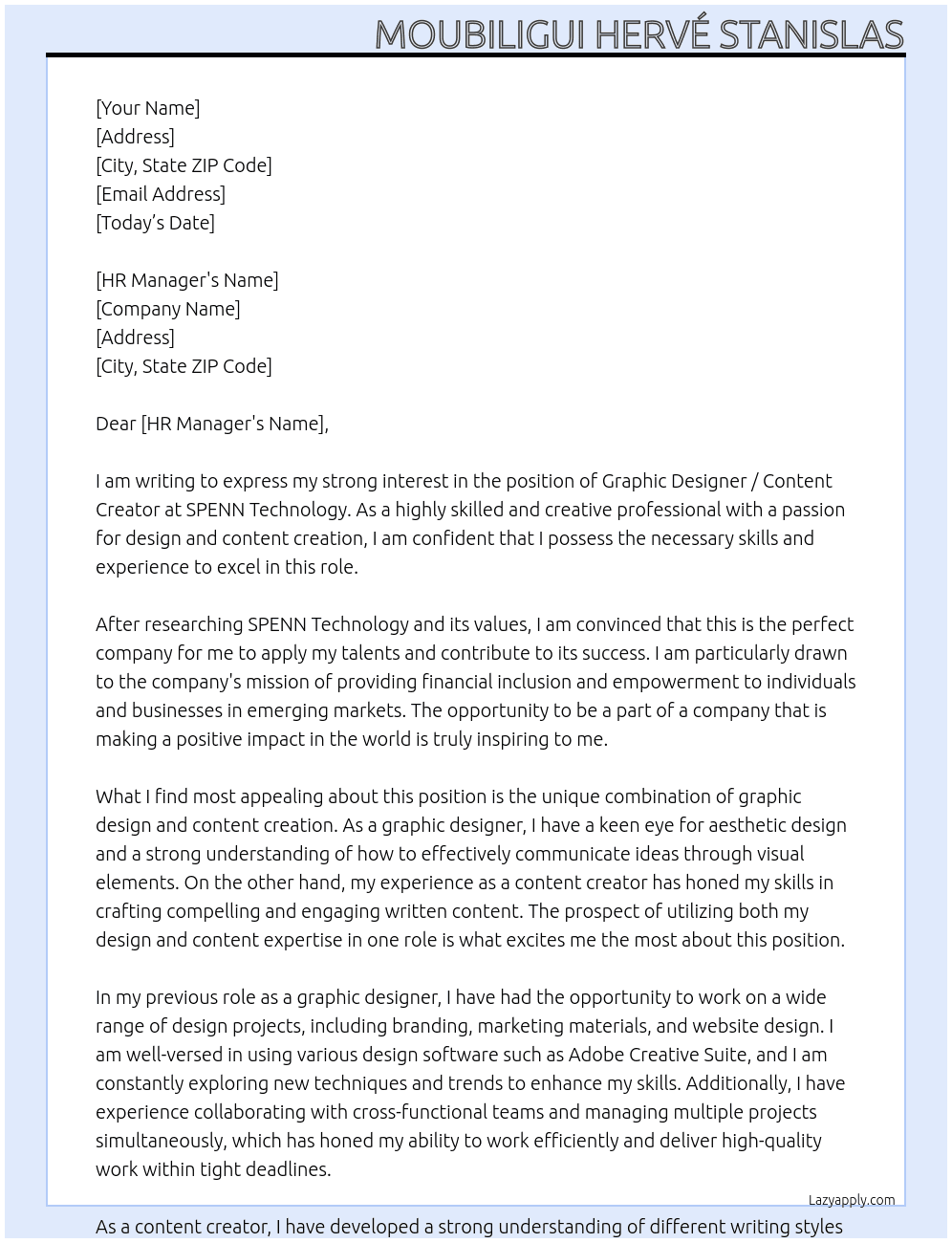 Graphic Designer / Content Creator At  SPENN Technology Cover Letter