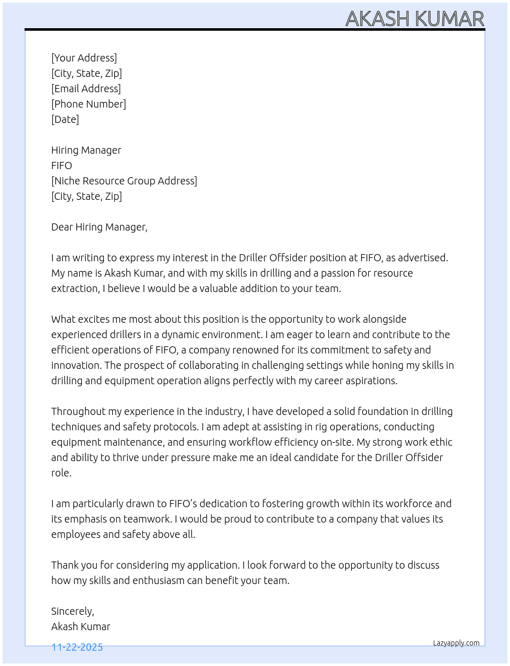 Driller offsider  At Fifo  Cover Letter