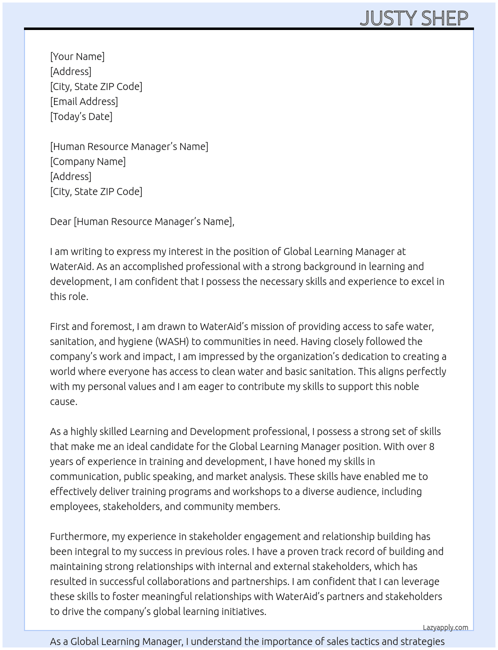 Global Learning Manager At WaterAid Cover Letter