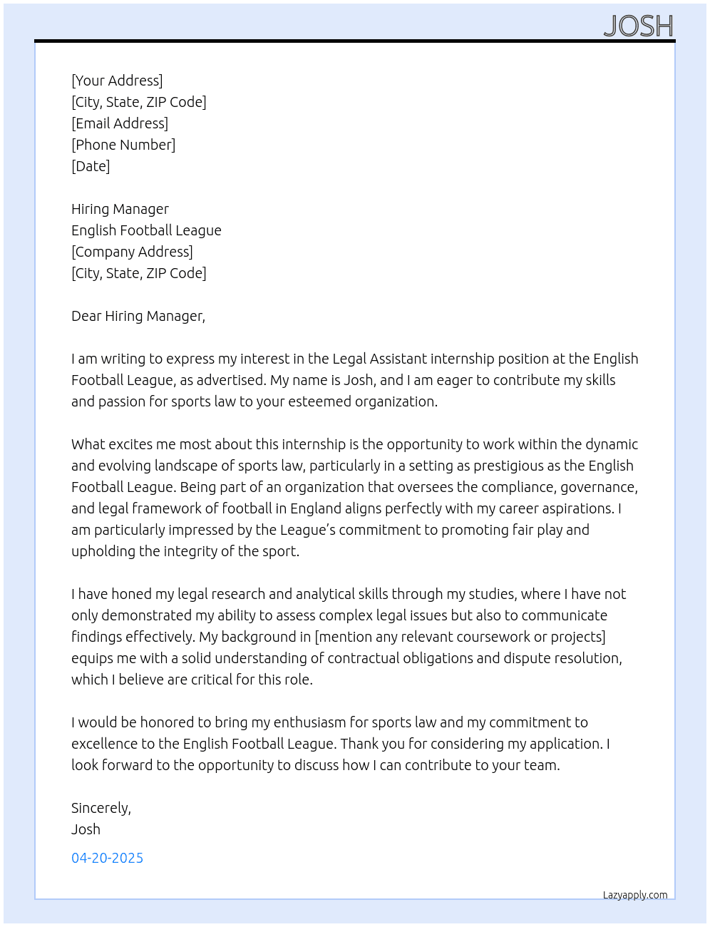 Legal assistant  At English football league  Cover Letter