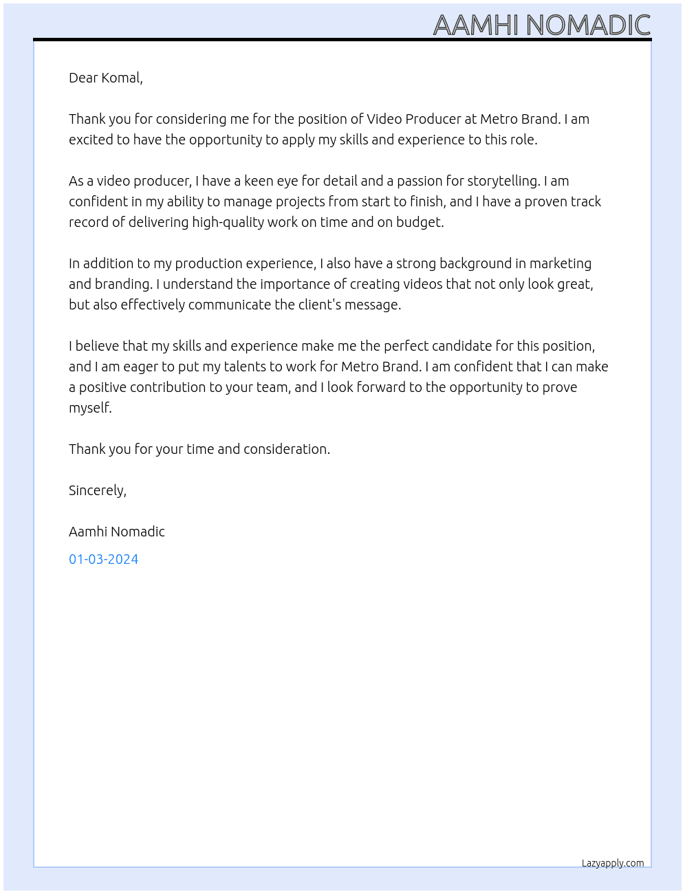Video Producer At Metro Brand Cover Letter