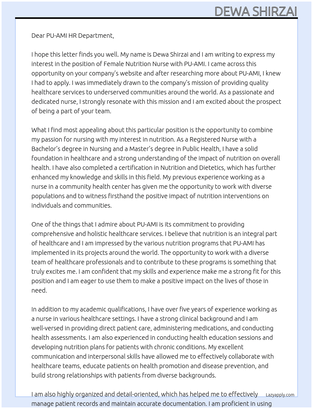 Female Nutrition Nurse At PU-AMI Cover Letter