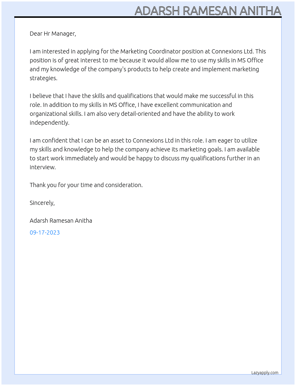 Marketing Coordinator  At Connexions Ltd Cover Letter