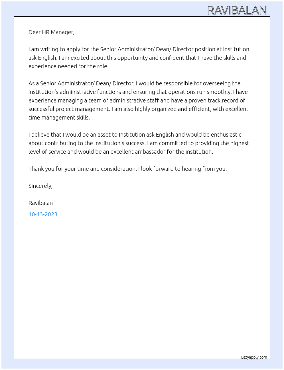 Senior Administrator/ Dean/ Director At Institution ask English  Cover Letter