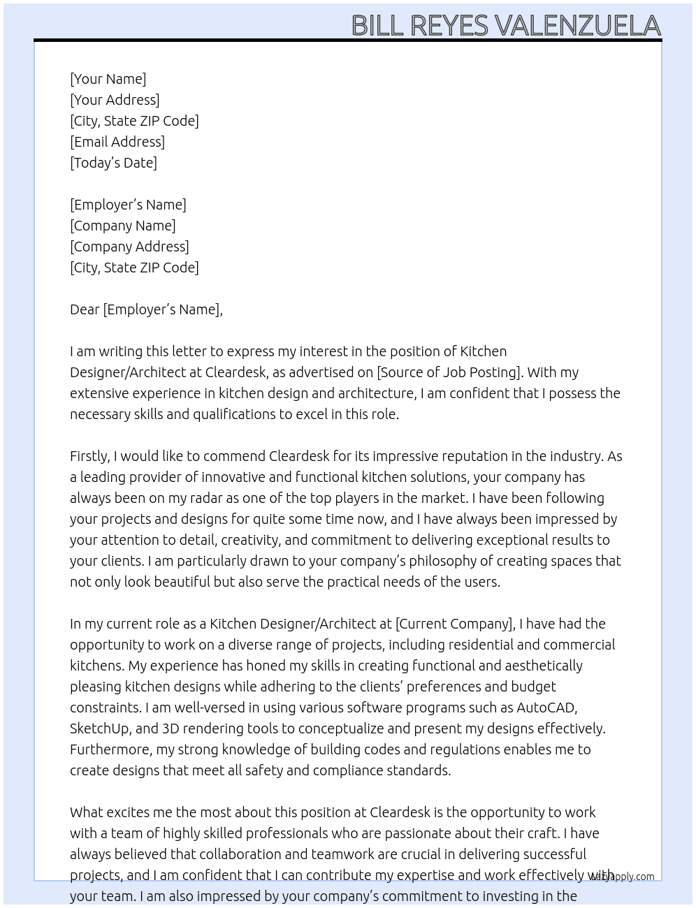 kitchen Designer/architect At Cleardesk Cover Letter