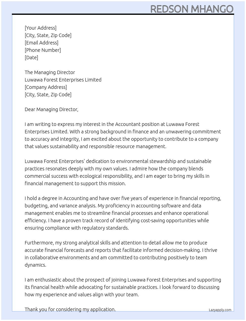 Accountant At Luwawa Forest Enterprises Limited Cover Letter