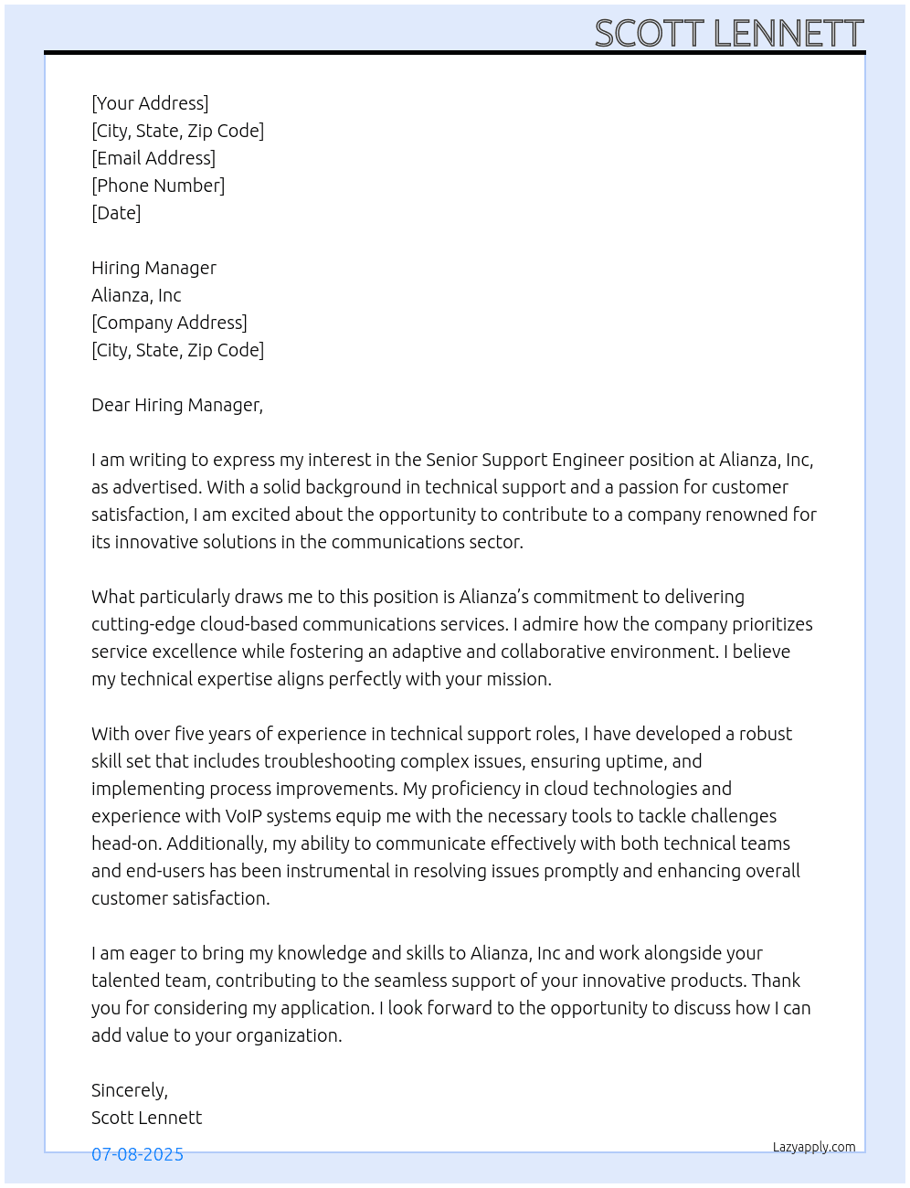 Senior Support Engineer At Alianza, Inc Cover Letter