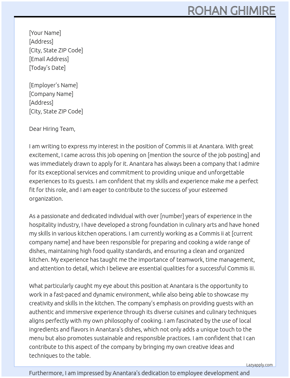 Commis iii At Anantara Cover Letter