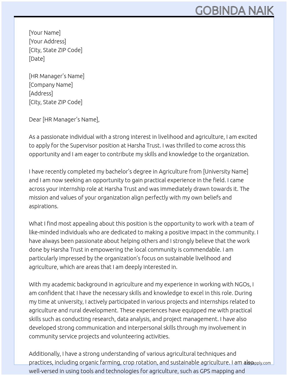Superviso At Harsha Trust Cover Letter