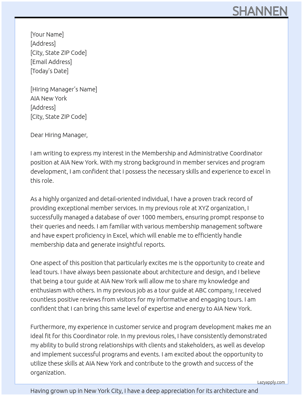    Membership and Administrative Coordinator At AIA New York Cover Letter