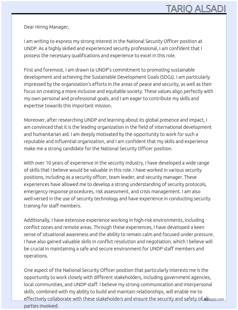 Cover letter for national security officer - LazyApply