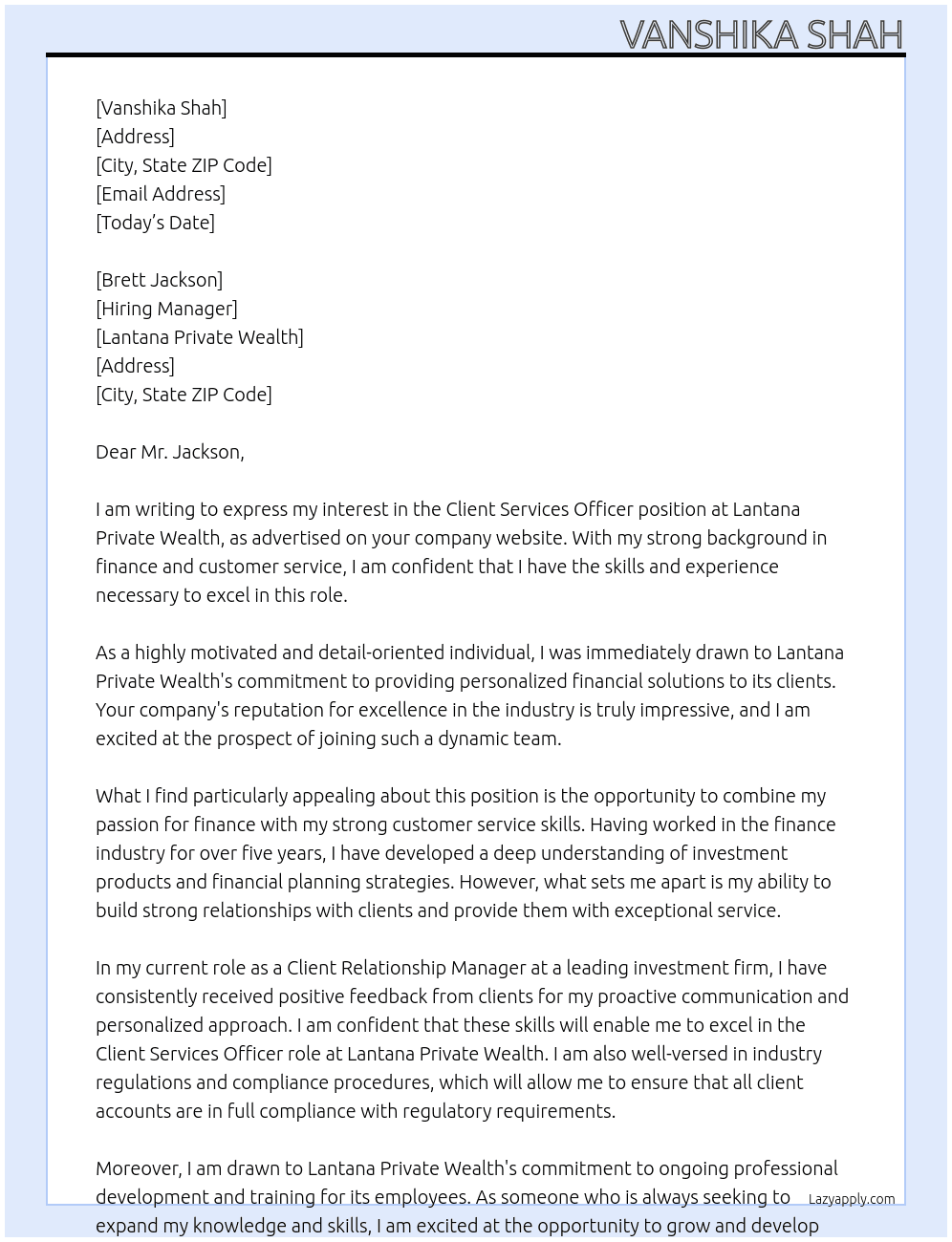 Client Services Officer At Lantana Private Wealth Cover Letter