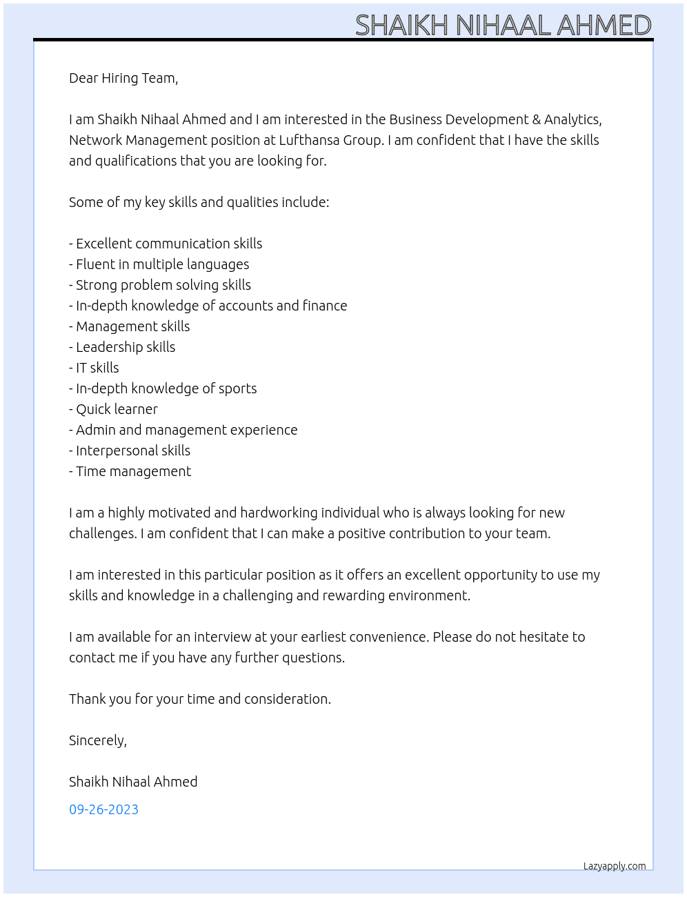 Business Development & Analytics, Network Management  At Lufthansa Group Cover Letter