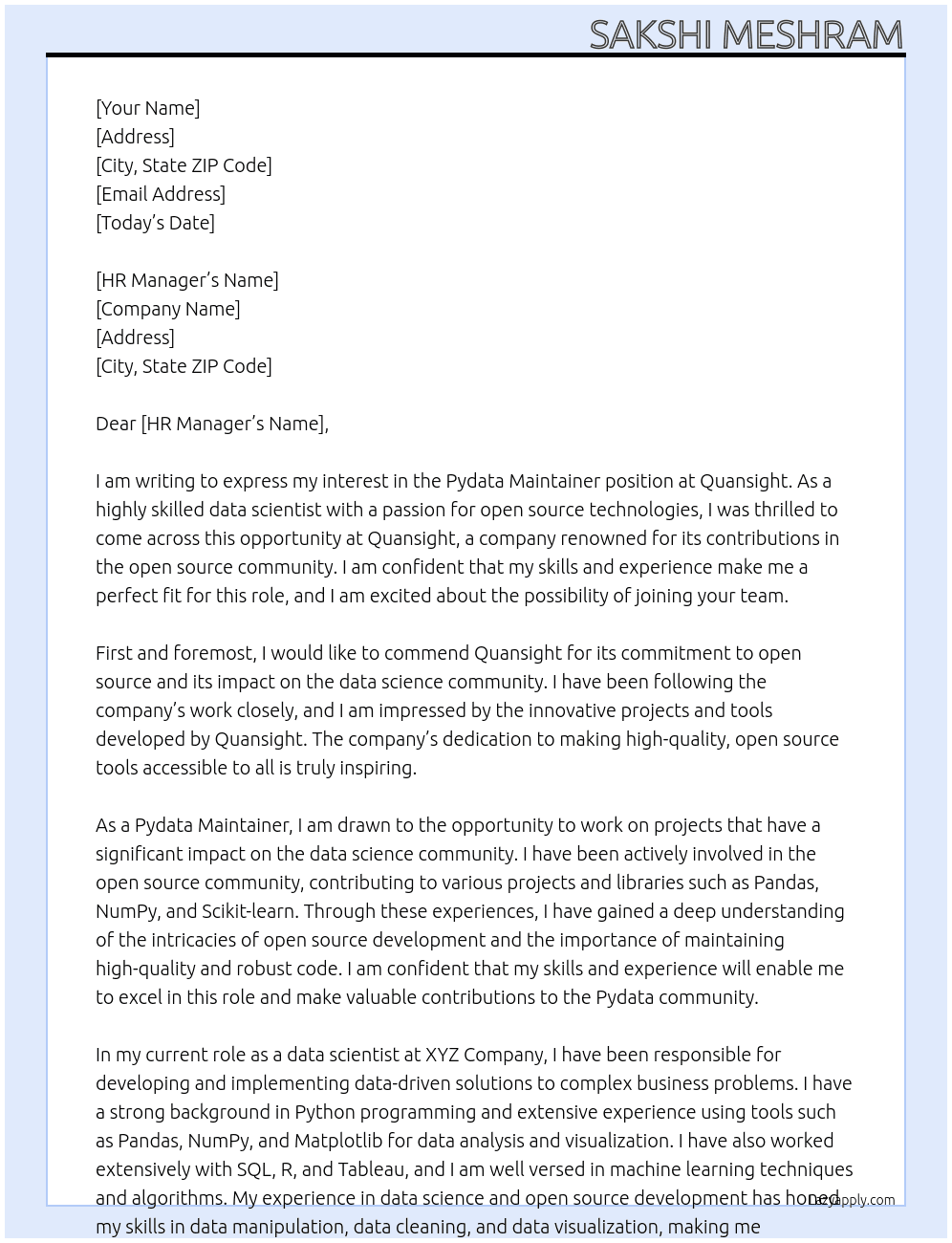 Pydata maintainer At Quansight Cover Letter