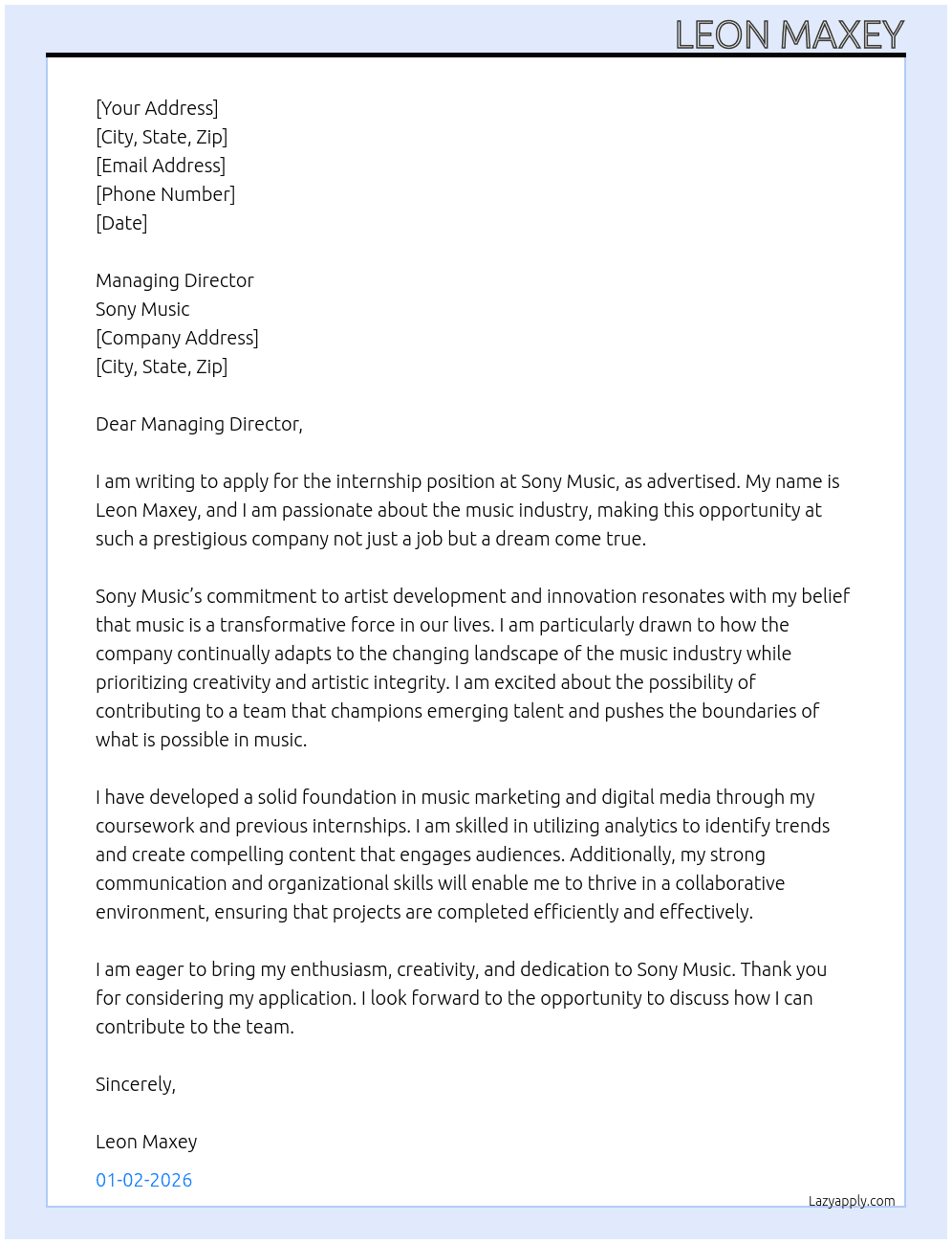 Internship At Sony Music Cover Letter