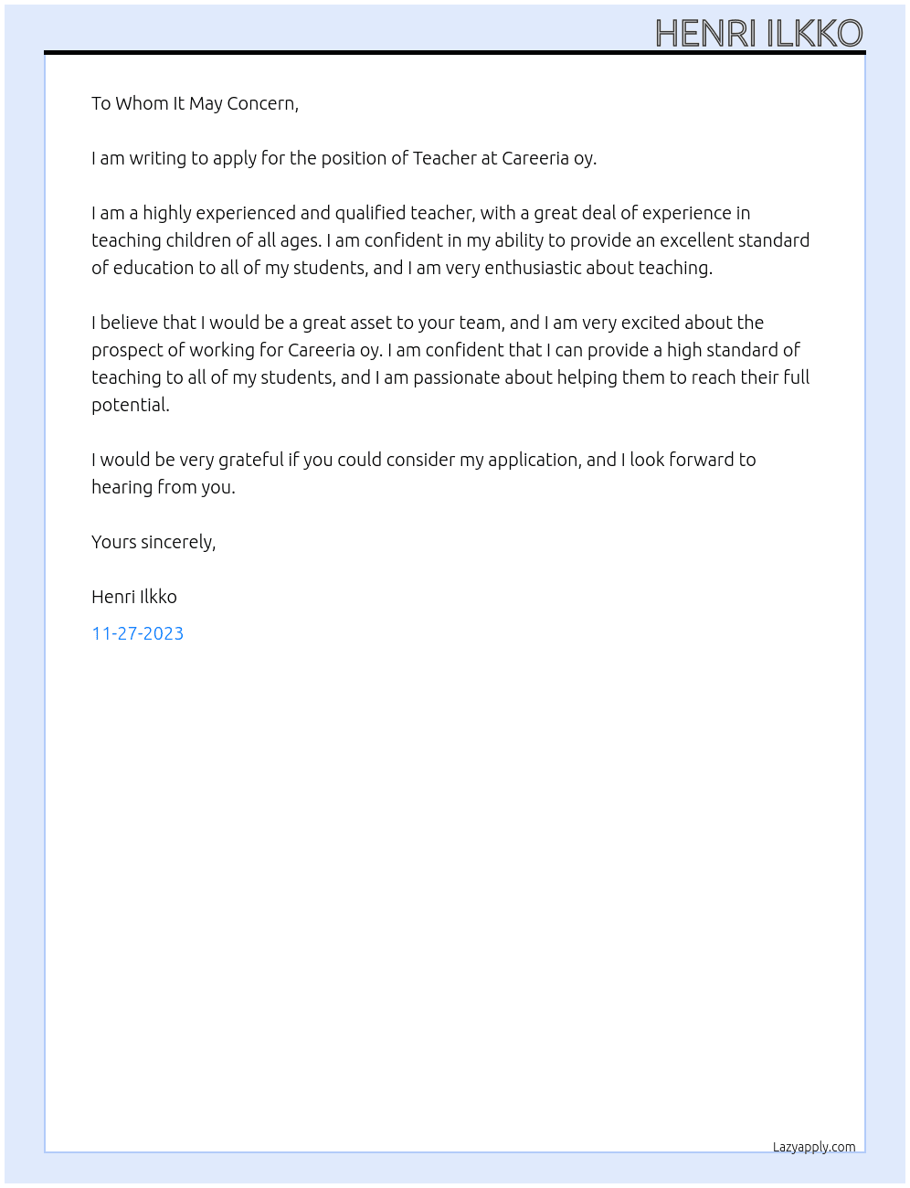 Teacher At Careeria oy Cover Letter