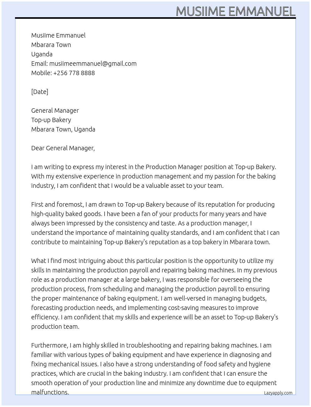 Production Manager At Top-up Bakery Cover Letter