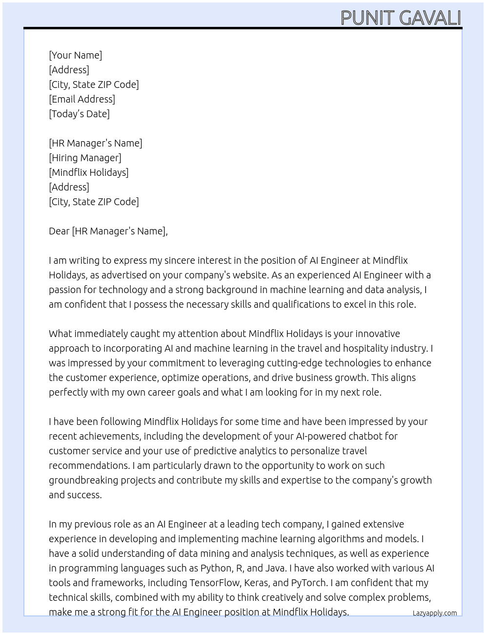 AI Engineer At Mindflix Holidays Cover Letter